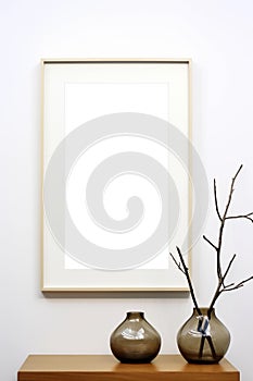 Vertical picture frame with passe-partout mockup in modern minimalistic interior, blank copyspace, light tones, poster mock-up.