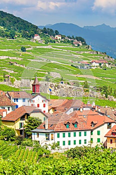 Verticalmente una foto da pittoresco comune si trova sul piste secondo Ginevra,. svizzero estate. vino regione 