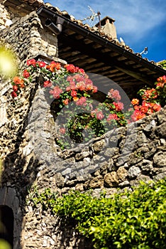 Vertical picture of scenic traditional provencal stone medieval wall with red flowers and blue sky above in Menerbes, one of most