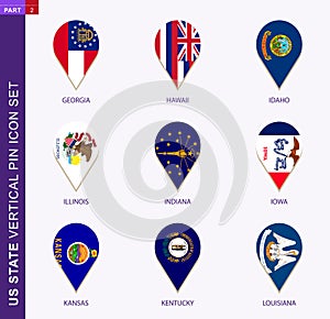 Vertical pin icon set, 9 US staes flag