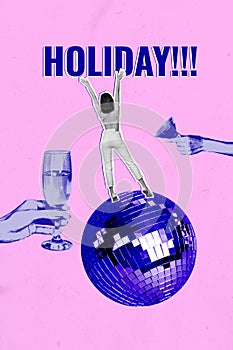 Vertical placard collage of funny dancing woman disco ball party listen music holiday drink champagne martini isolated