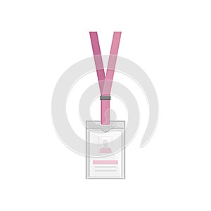 Vertical plastic holder for ID card with pink neck lanyard. Person identification badge. Flat vector