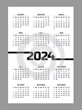 Vertical pocket calendar2024 year. Vector template. Week starts from Sunday. photo