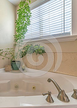 Vertical Polished white built in bathtub with stailess steel faucet at bathroom corner photo