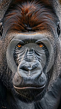 Vertical portrait of angry mountain gorilla male showing teeth