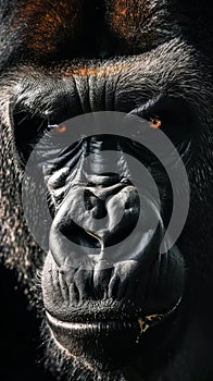 Vertical portrait of angry mountain gorilla male showing teeth