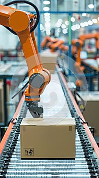 Vertical portrait of automaton robot arm working on conveyor belt with cartboad box parcel in warehouse