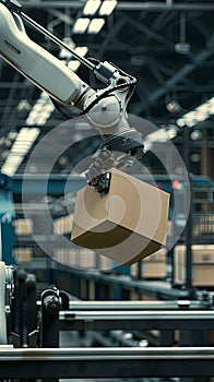 Vertical portrait of automaton robot arm working on conveyor belt with cartboad box parcel in warehouse