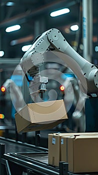 Vertical portrait of automaton robot arm working on conveyor belt with cartboad box parcel in warehouse