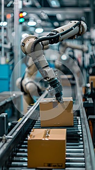 Vertical portrait of automaton robot arm working on conveyor belt with cartboad box parcel in warehouse