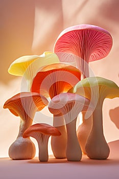 Vertical portrait of a cluster of pink and yellow mushrooms against a warm-toned backdrop, evoking a sense of culinary