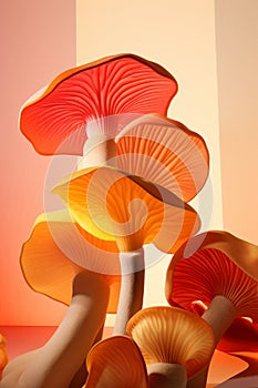 Vertical portrait of a cluster of pink and yellow mushrooms against a warm-toned backdrop, evoking a sense of culinary