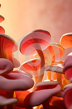 Vertical portrait of a cluster of pink and yellow mushrooms against a warm-toned backdrop, evoking a sense of culinary