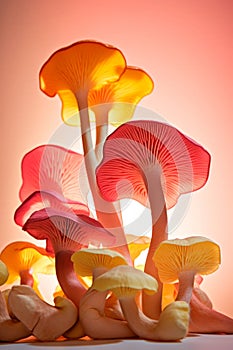 Vertical portrait of a cluster of pink and yellow mushrooms against a warm-toned backdrop, evoking a sense of culinary