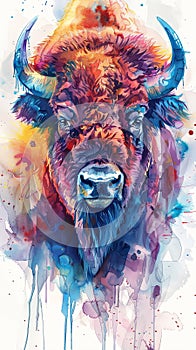 Verticalmente retrato ilustraciones diseno de Salvaje búfalo diente cabeza buscando en acuarela 