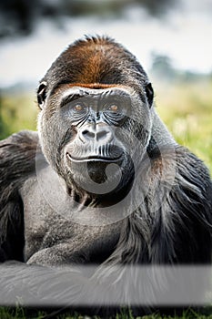 Vertical portrait of a male gorilla, close-up. Background with copy space