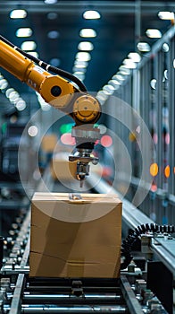 Vertical portrait of robotic arm picking up box from conveyor belt