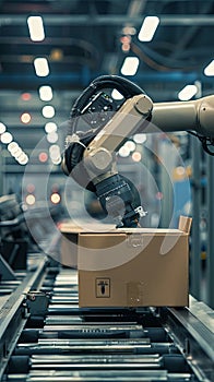 Vertical portrait of robotic arm picking up box from conveyor belt