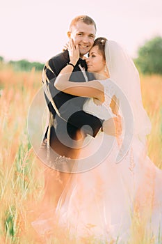 The vertical portrait of the smiling hugging newlyweds among the wheatears.