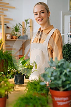 Vertical portrait of smiling young woman florist in apron standing near table with green plants in floral shop.