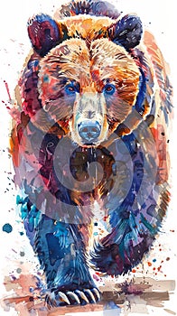 Vertical portrait watercolor painting of brown bear grizzly
