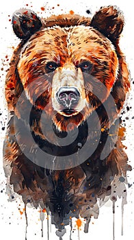 Vertical portrait watercolor painting of brown bear grizzly