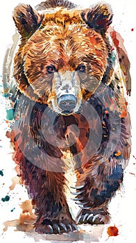 Vertical portrait watercolor painting of brown bear grizzly