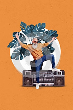 Vertical poster collage of old man dance listen music isolated on drawing orange color background