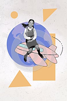 Vertical poster collage of school girl fly around world with backpack book wear uniform isolated on drawing white color