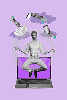 Vertical poster collage young businessman worker meditate asana levitate banknotes cash money laptop digital device photo