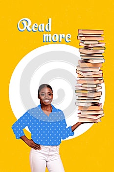 Vertical poster collage of young girl librarian sell books read more concept enjoy nonfiction literature isolated on