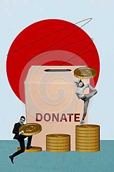 Vertical poster collage young two persons businessman donator give money charity volunteering donation tokens trader