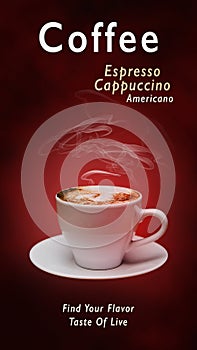 Vertical poster with a cup of hot coffee on a red background