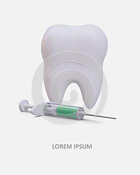 Vertical poster with 3d realistic tooth and syringe with anesthetize