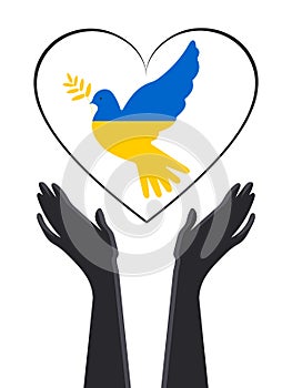 Vertical poster with a dove of peace in the heart and the hands of the Ukrainian people in the struggle for peace