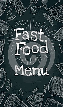 Vertical poster fast food menu. Vector white engraving on black