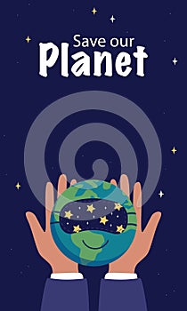 Vertical poster hands hold a sleeping planet Earth in a mask.