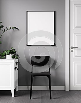 Vertical poster mock up with black frame on the wall in living room interior with black chair, plant and door. 3D rendering