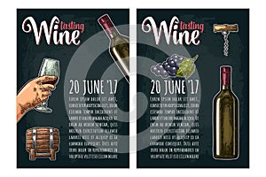 Vertical poster. Wine tasting lettering. Bottle, corkscrew, bunch of grape