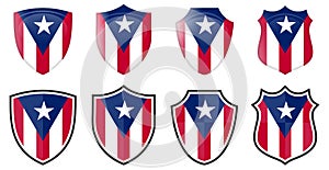 Vertical Puerto Rico flag in shield shape, four 3d and simple versions