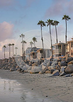 Vertical Puffy clouds at sunset Panoramic view of the beach at Oceanside in California during su