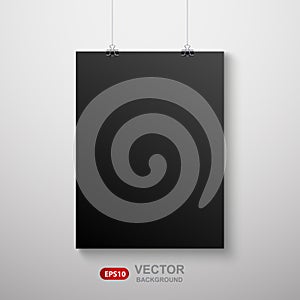 Vertical realistic poster mockup with black sheet of paper A4 on a rope. Vector background