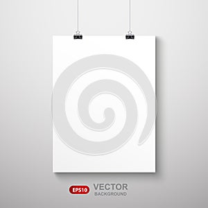 Vertical realistic poster mockup with sheet of paper A4 on a rope. Vector background