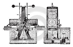 Vertical reciprocating saw blade with a several truck for logs, vintage engraving