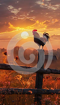 Vertical recreation of a rooster at wooden fence of a farm at dawn