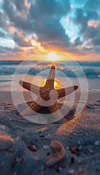 Vertical recreation of starfishes in a beach at sunset