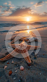 Vertical recreation of starfishes in the sand of a beach at sunset