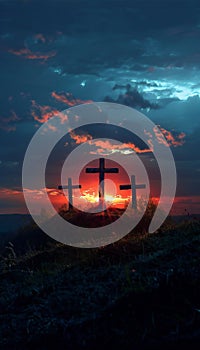 Vertical recreation of three cross in a hill at sunset
