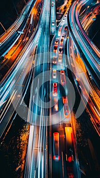 Vertical road with busy traffic at night on motorway