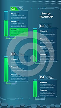 Vertical roadmap for game project with energy tank and quarters connected by pipes on blue background. Timeline infographic